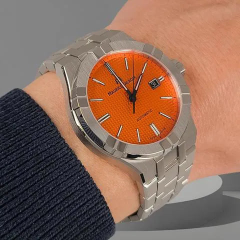 Maurice Lacroix Aikon Automatic Date Orange Dial Silver Steel Strap Watch For Men - AI6008-SS00F-530-E Buy Now By Maurice Lacroix