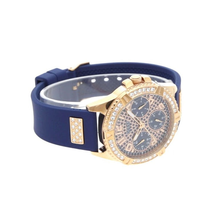 Guess Frontier DIamonds Gold Dial Blue Rubber Strap Watch For Women - W1160L3 Buy Now By Guess