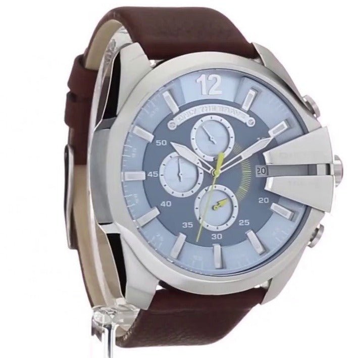 Diesel Mega Chief Chronograph Blue Dial Brown Leather Strap Watch For Men - DZ4281 Buy Now By Diesel