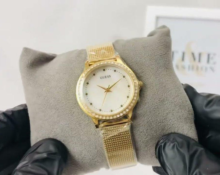 Guess Chelsea Mother of Pearl White Dial Gold Mesh Strap Watch For Women - W0647L3 Buy Now By Guess