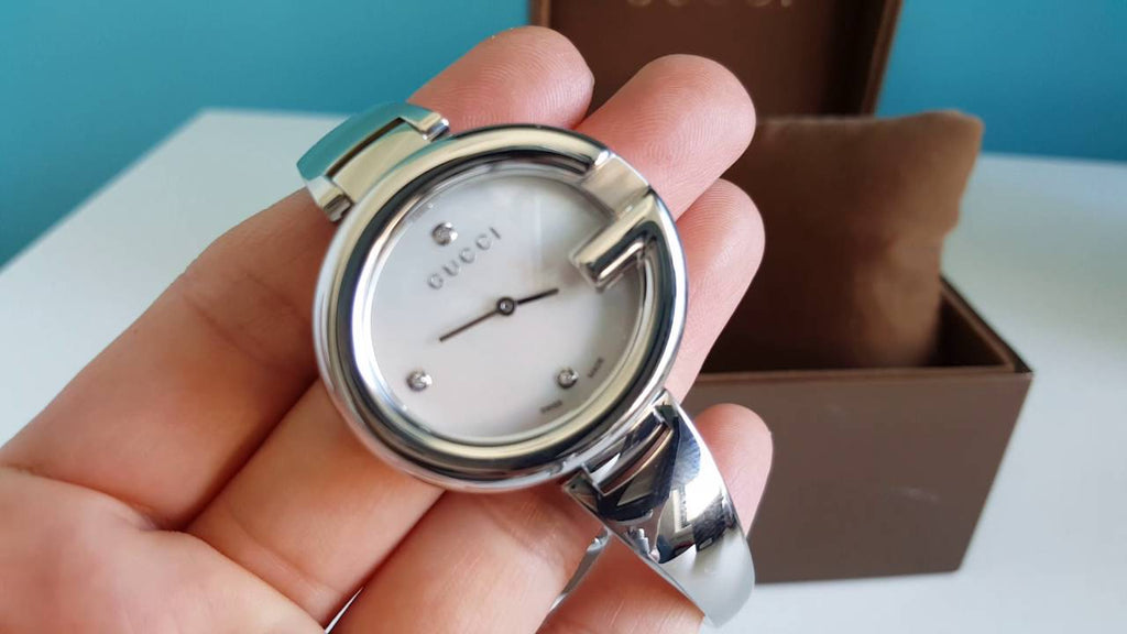 Gucci Guccissima Diamonds Mother of Pearl Dial Silver Steel Strap Watch For Women - YA134303 Buy Now By Gucci