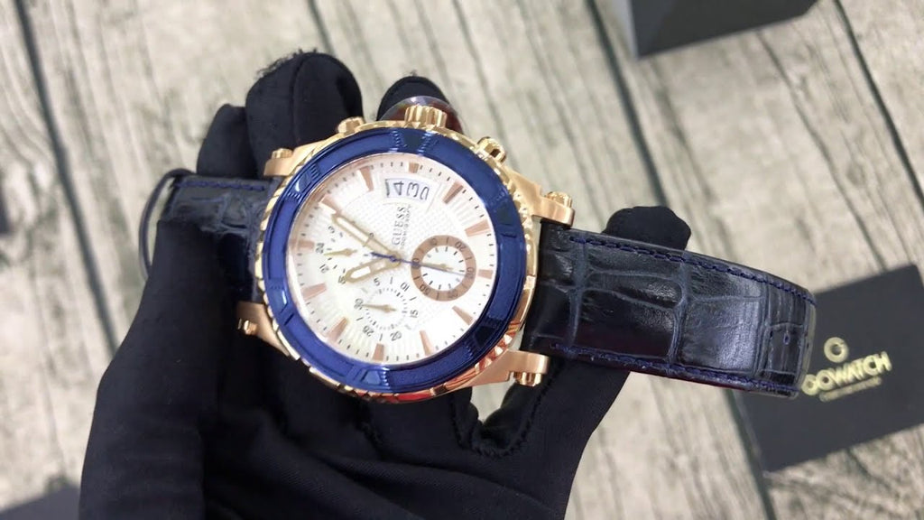 Guess Pinnacle Chronograph White Dial Blue Leather Strap Watch For Men - W0673G6 Buy Now By Guess