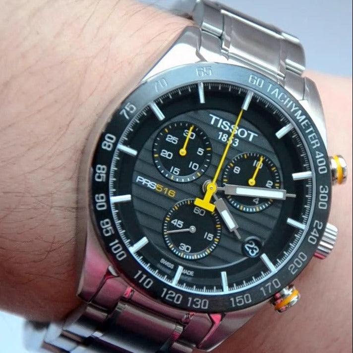 Tissot PRS 516 Chronograph Black Dial Silver Steel Strap Watch For Men - T100.417.11.051.00 Buy Now By Tissot