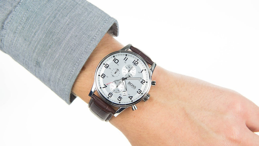 Hugo Boss Aeroliner Chronoraph White Dial Brown Leather Strap Watch For Men - HB1512447 Buy Now By Hugo Boss