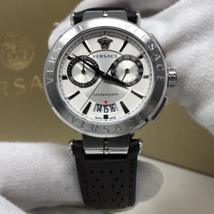 Versace Aion Chronograph White Dial Brown Leather Strap Watch for Men - VBR010017 Buy Now By Versace