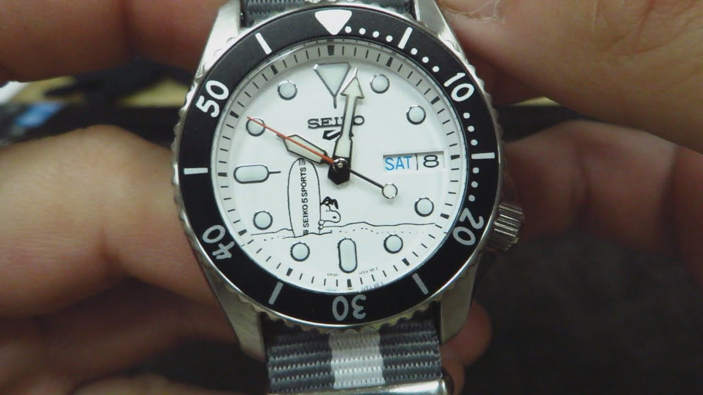 Seiko 5 Sports x Peanuts Surfboard Snoopy Limited Edition White Dial Two Tone NATO Strap Watch For Men - SRPK25K1 Buy Now By Seiko