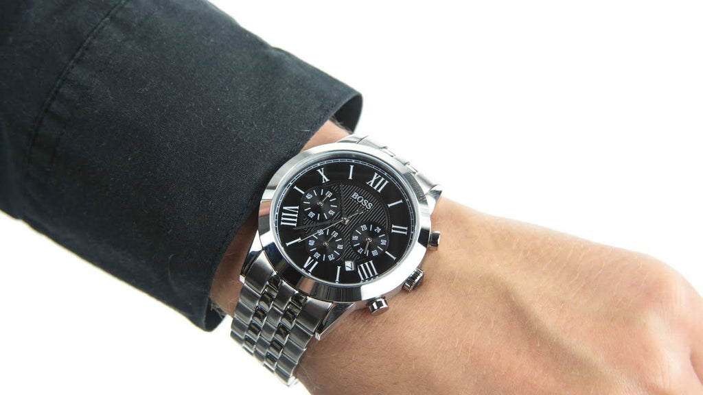 Hugo Boss Aeroliner Chronograph Quartz Black Dial Silver Steel Strap Watch For Men - HB1512446 Buy Now By Hugo Boss