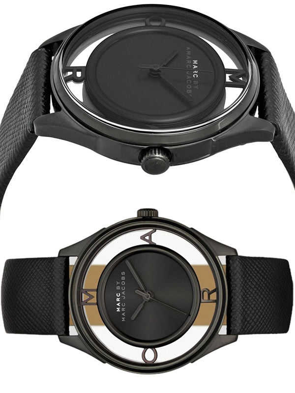 Marc Jacobs Tether Transparent Black Dial Black Leather Strap Watch for Women - MBM1379 Buy Now By Marc Jacobs