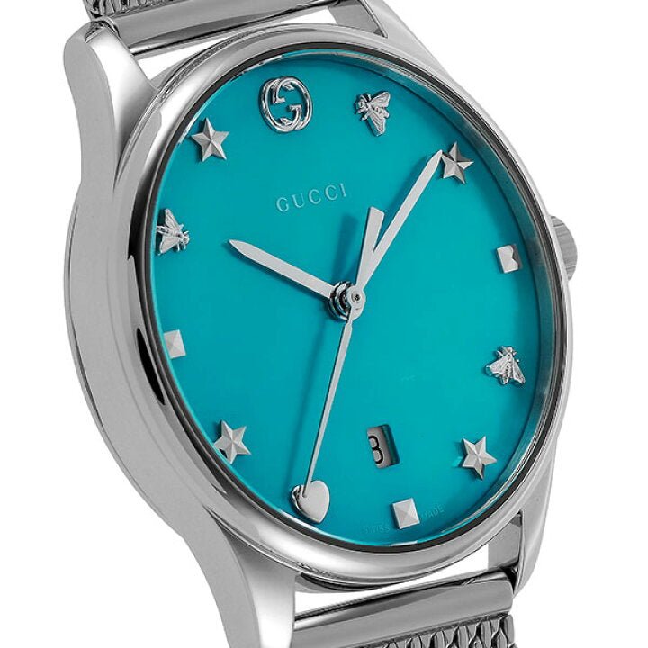 Gucci G-Timeless Turquoise Mother of Pearl Dial Silver Mesh Bracelet Watch For Women - YA126582 Buy Now By Gucci