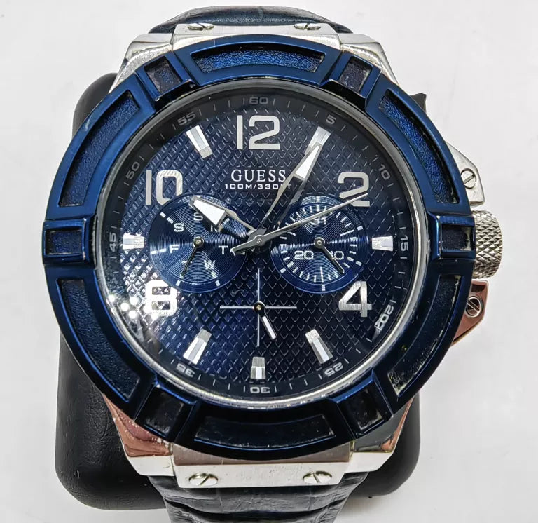 Guess Rigor Multifunction Chronograph Blue Dial Blue Leather Strap Watch For Men - W0040G7 Buy Now By Guess