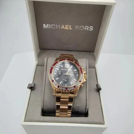 Michael Kors Everest Chronograph Black Dial Rose Gold Steel Strap Watch for Women - MK6972