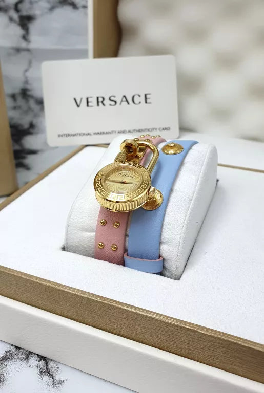 Versace Medusa Lock Icon Quartz Gold Dial Pink & Blue Leather Strap Watch For Women - VEDW00219 Buy Now By Versace