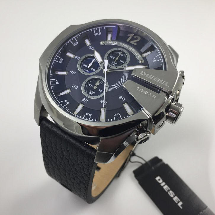 Diesel Mega Chief Chronograph Blue Dial Black Leather Strap Watch For Men - DZ4423 Buy Now By Diesel