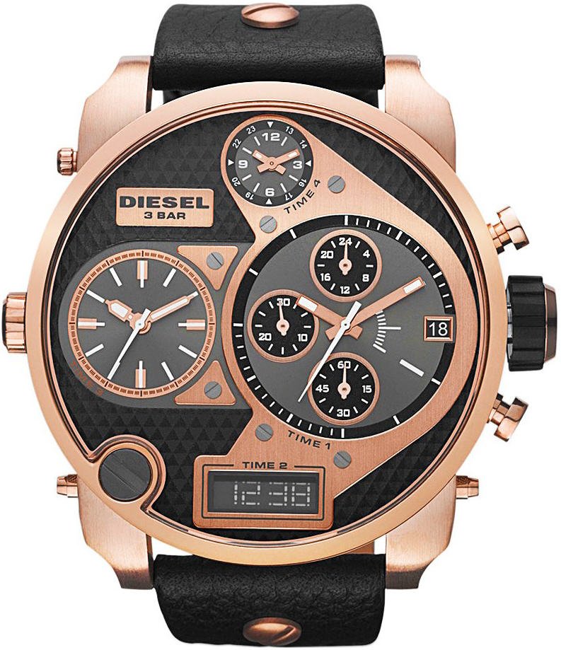 Diesel Big Daddy Gold & Black Dial Black Leather Strap Watch For Men - DZ7261 Buy Now By Diesel