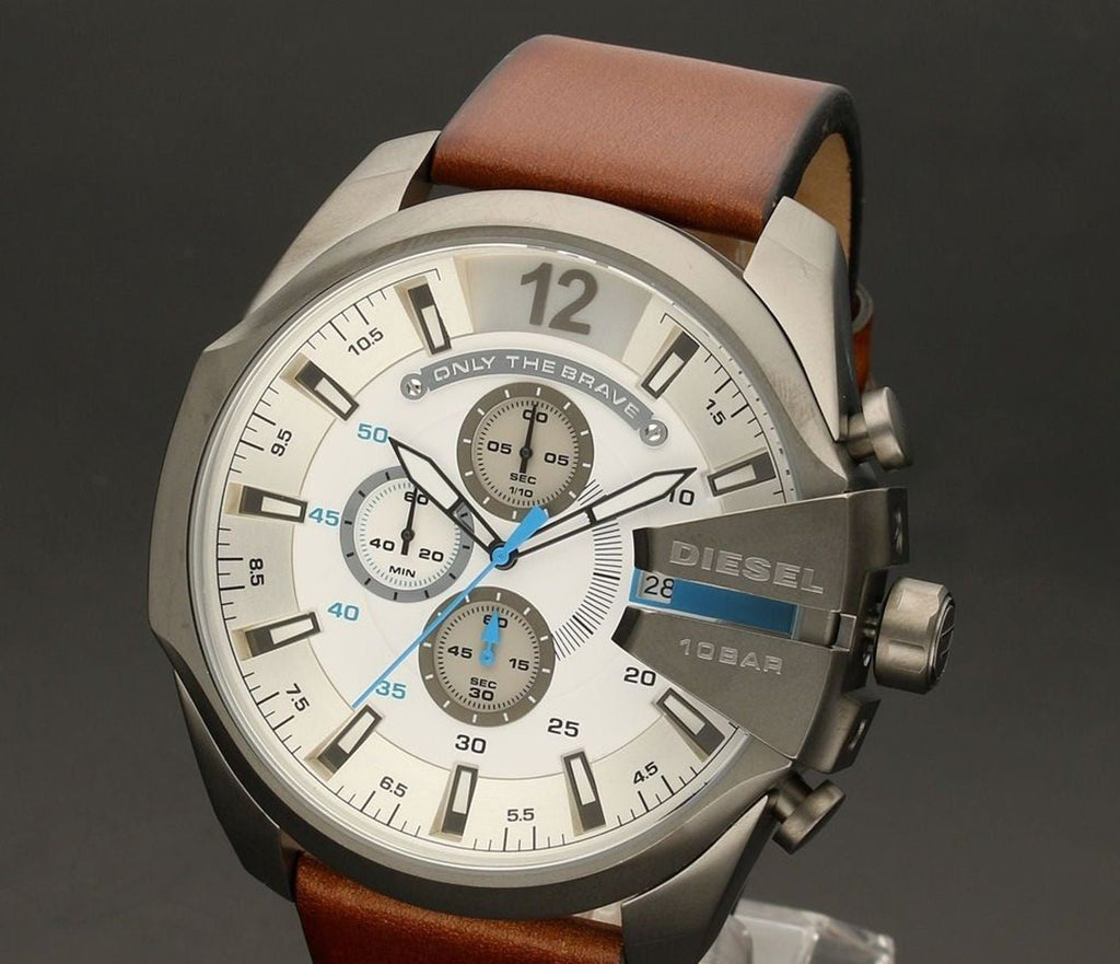 Diesel Mega Chief Chronograph White Dial Brown Leather Strap Watch For Men - DZ4280 Buy Now By Diesel