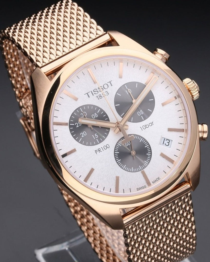 Tissot T Classic PR 100 Chronograph Silver Dial Rose Gold Mesh Bracelet Watch For Men - T101.417.33.031.01 Buy Now By Tissot
