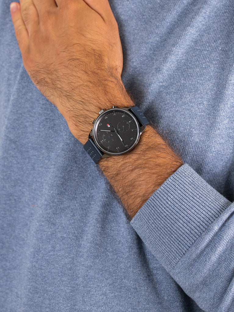 Tommy Hilfiger Chase Grey Dial Blue Leather Strap Watch for Men - 1791578 Buy Now By Tommy Hilfiger