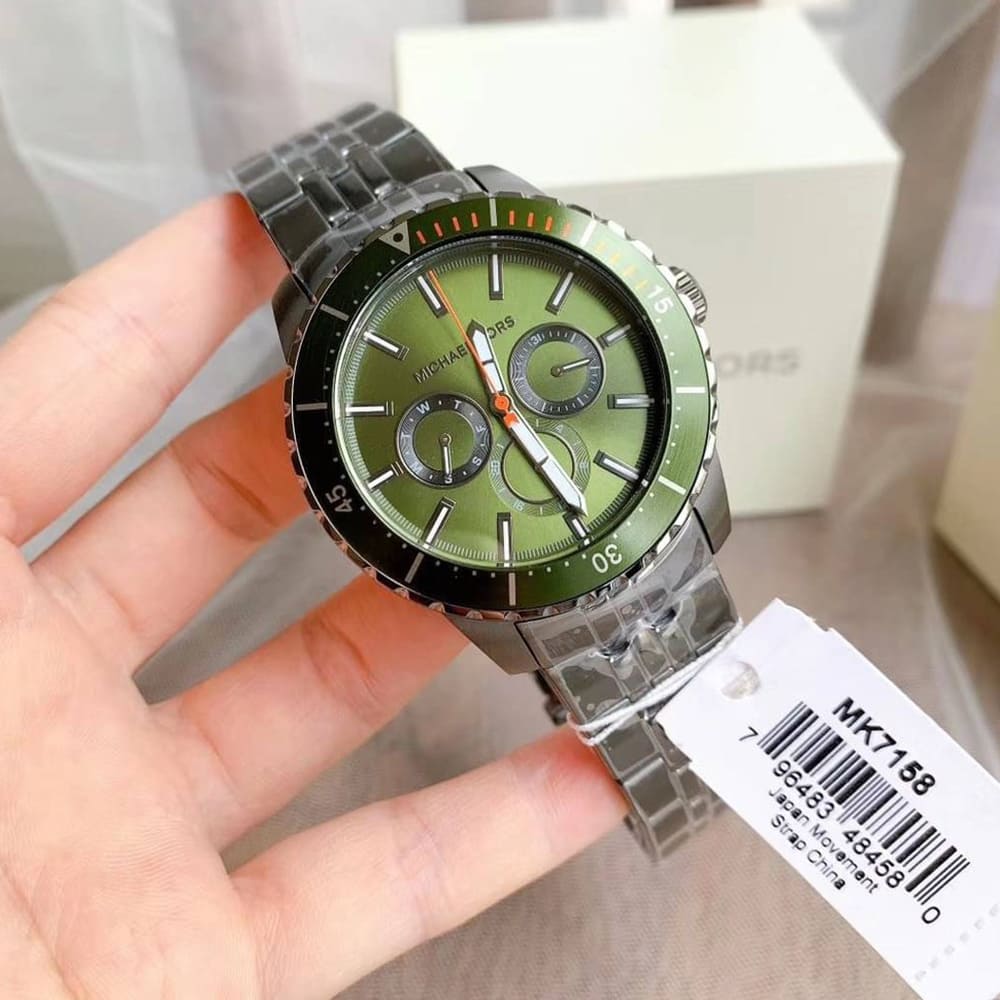 Michael Kors Cunningham Multifunction Chronograph Green Dial Grey Steel Strap Watch For Men - MK7158 Buy Now By Michael Kors