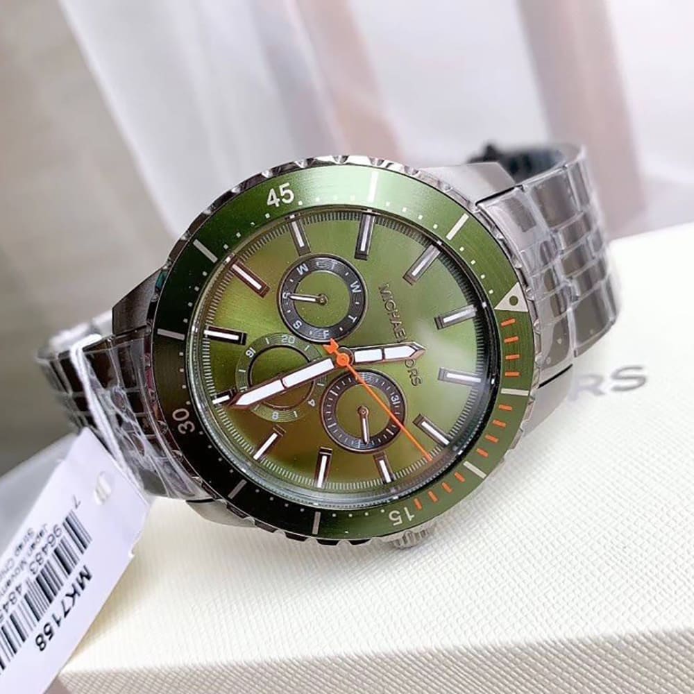 Michael Kors Cunningham Multifunction Chronograph Green Dial Grey Steel Strap Watch For Men - MK7158 Buy Now By Michael Kors