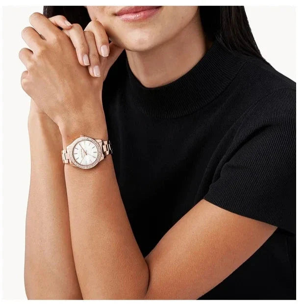 Michael Kors Lilane Three Hand Mother of Pearl White Dial Rose Gold Steel Strap Watch For Women - MK4557 Buy Now By Michael Kors