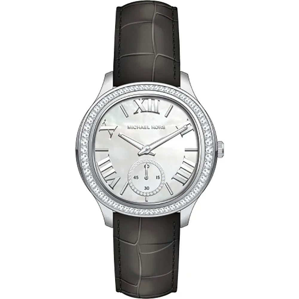 Michael Kors Sage Three-Hand Mother of Pearl White Dial Black Leather Strap Watch for Women - MK4821 Buy Now By Michael Kors