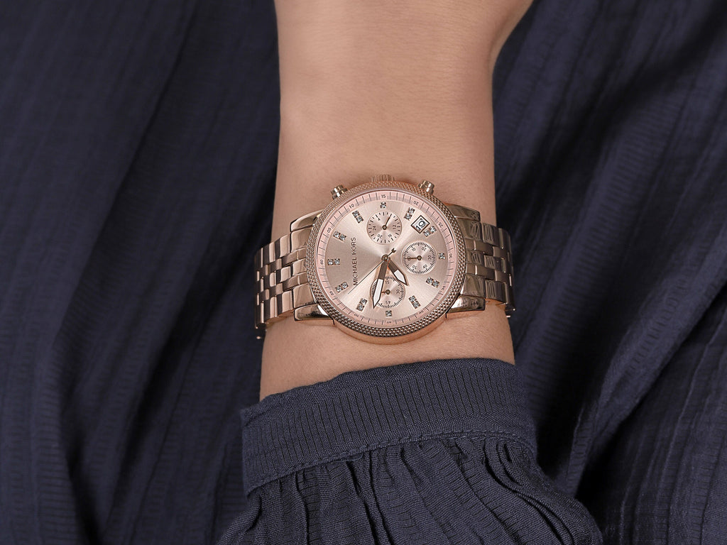 Michael Kors Ritz Chronograph Rose Gold Dial Rose Gold Steel Strap Watch for Women - MK6077 Buy Now By Michael Kors