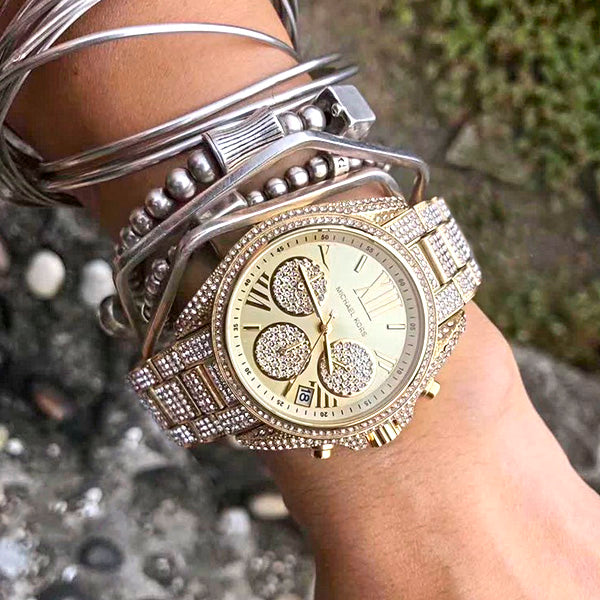 Michael Kors Mini Bradshaw Crystals Gold Dial Gold Steel Strap Watch For Women - MK6494 Buy Now By Michael Kors