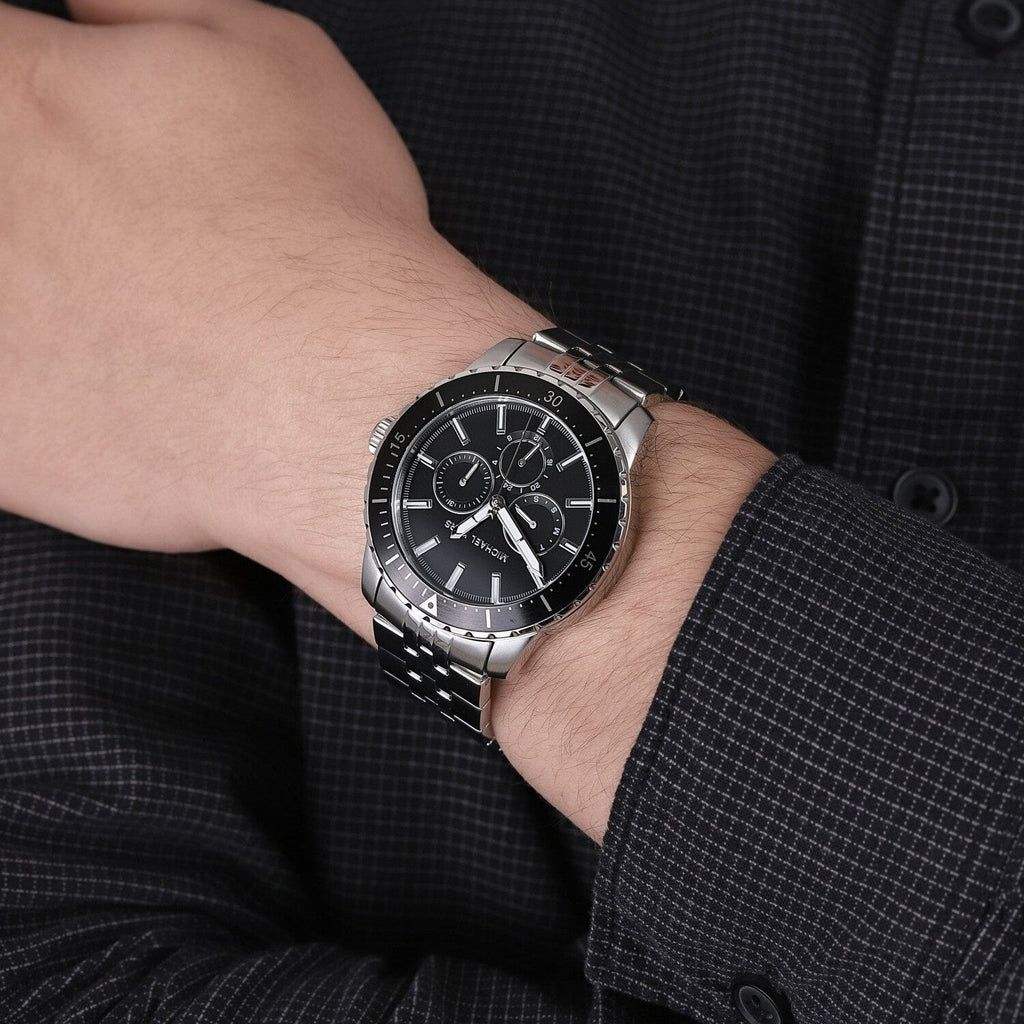 Michael Kors Cunningham Multifunction Black Dial Silver Steel Strap Watch For Men - MK7156 Buy Now By Michael Kors