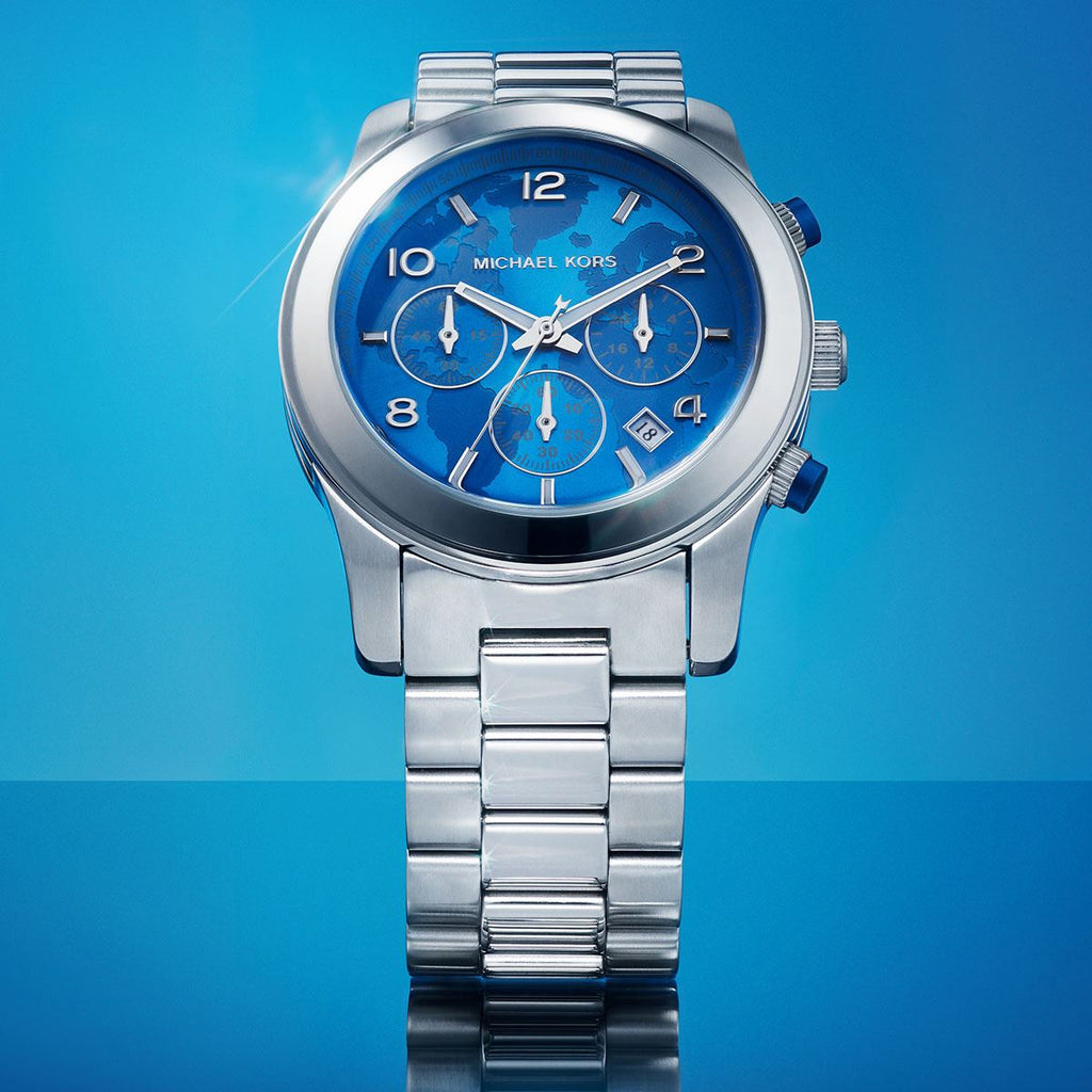 Michael Kors Runway Stop Hunger Blue Dial Silver Steel Strap Watch for Women - MK7427 Buy Now By Michael Kors