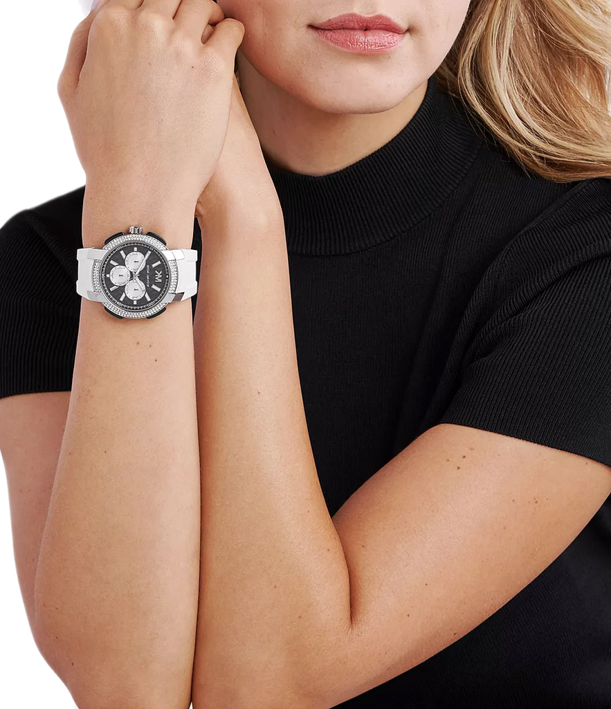 Michael Kors Sidney Multifunction Black Dial White Silicone Strap Watch For Women - MK6947 Buy Now By Michael Kors