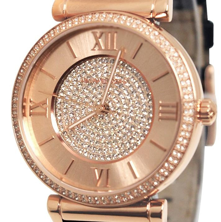 Michael Kors Catlin Rose Gold Crystal Dial Black Leather Strap Watch for Women - MK2376 Buy Now By Michael Kors