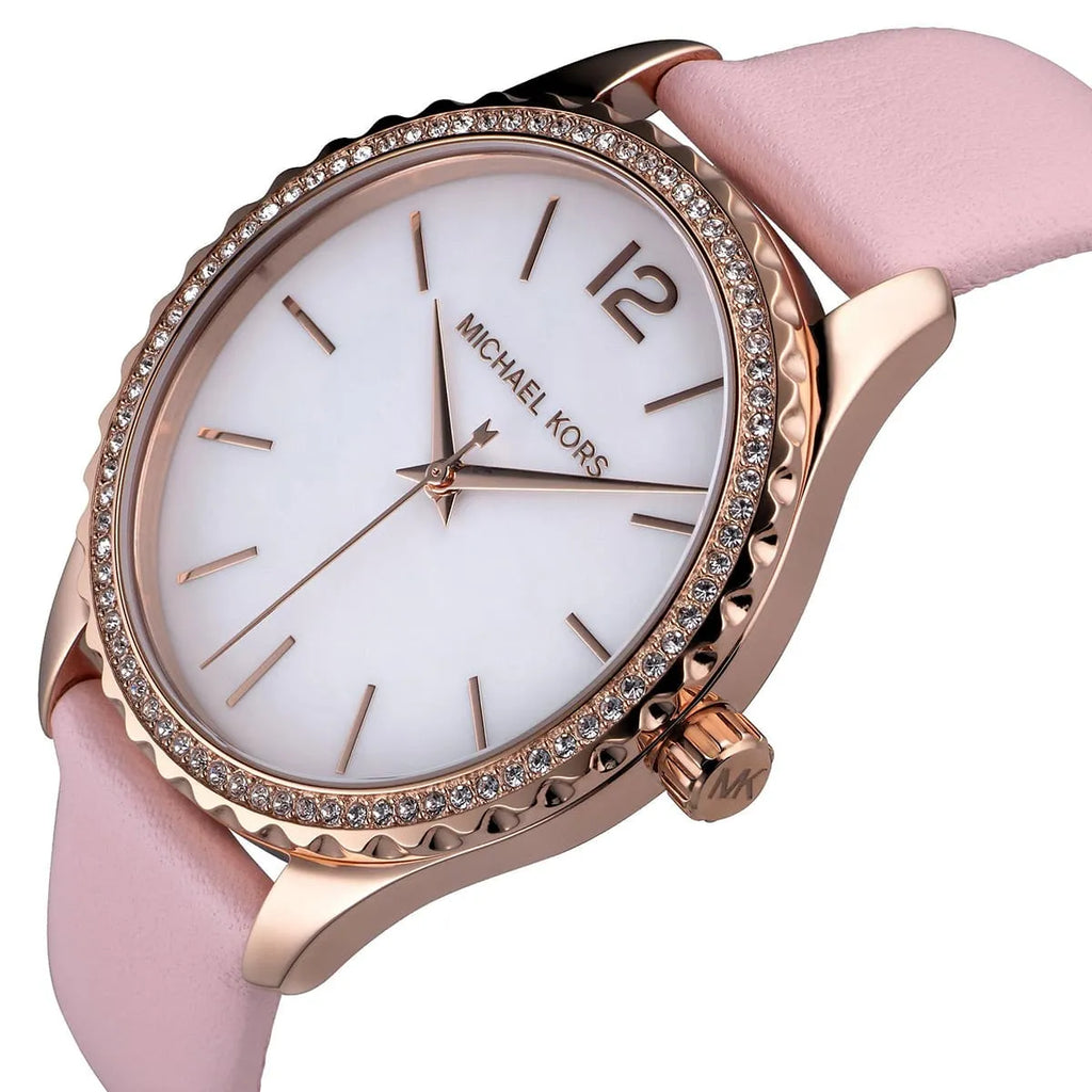 Michael Kors Layton Three-Hand White Dial Pink Leather Strap Watch for Women - MK2909 Buy Now By Michael Kors