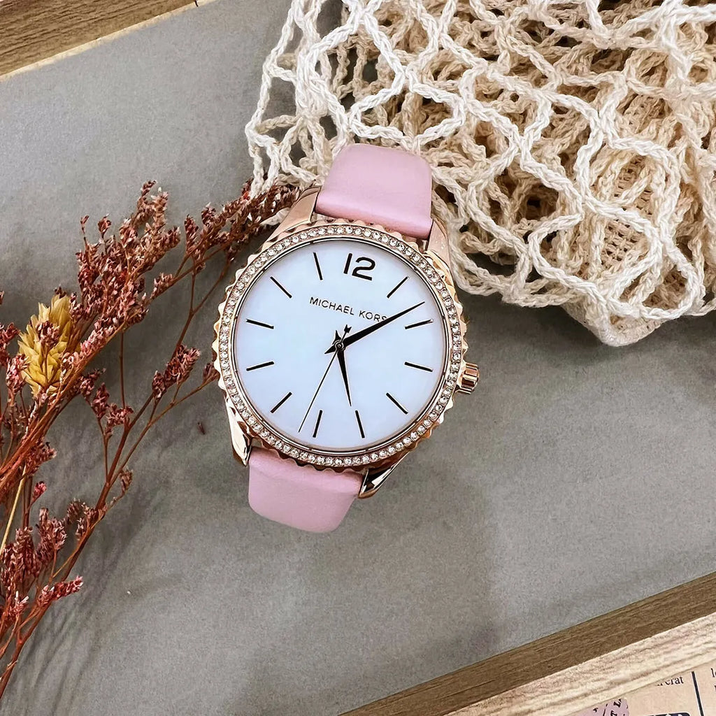 Michael Kors Layton Three-Hand White Dial Pink Leather Strap Watch for Women - MK2909 Buy Now By Michael Kors