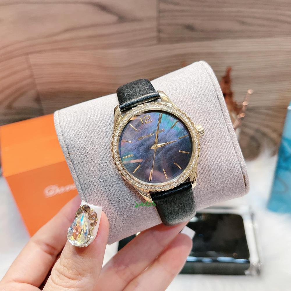 Michael Kors Layton Three Hand Mother of Pearl Black Dial Black Leather Strap Watch For Women - MK2911 Buy Now By Michael Kors