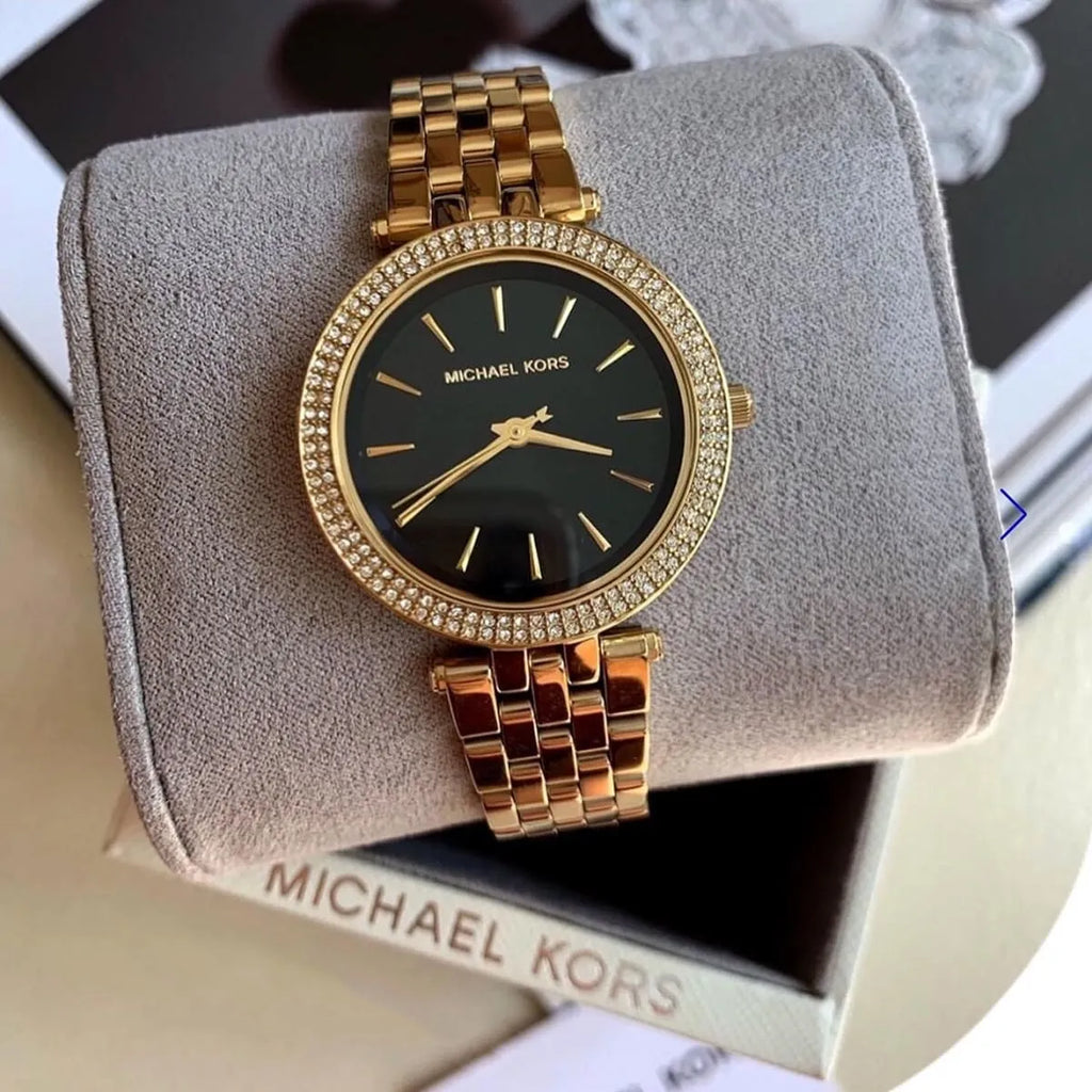 Michael Kors Mini Darci Quartz Black Dial Gold Steel Strap Watch For Women - MK3738