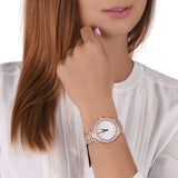 Michael Kors Lilane Three Hand Mother of Pearl White Dial Rose Gold Steel Strap Watch For Women - MK4557 Buy Now By Michael Kors