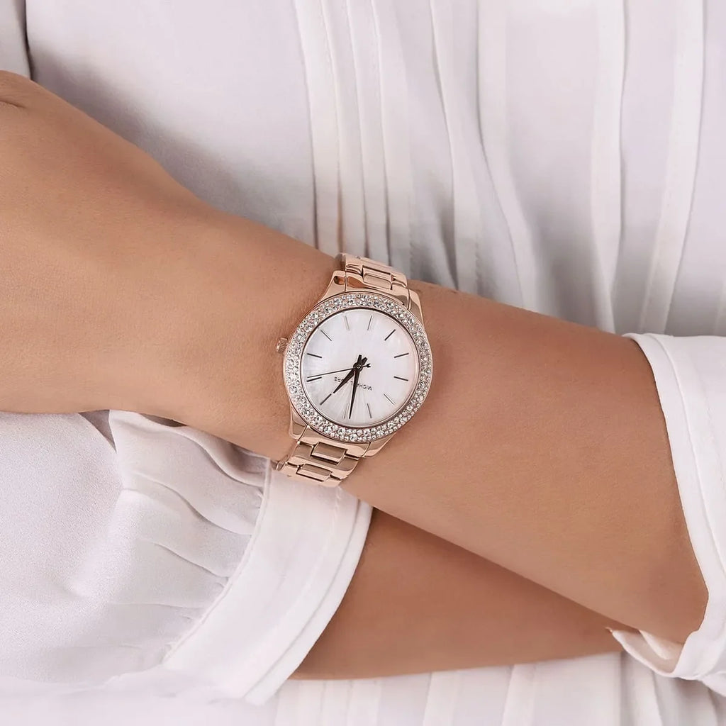 Michael Kors Lilane Three Hand Mother of Pearl White Dial Rose Gold Steel Strap Watch For Women - MK4557 Buy Now By Michael Kors