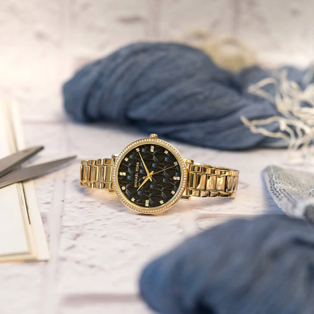 Michael Kors Pyper Three-Hand Black Dial Gold Steel Strap Watch For Women - MK4593 Buy Now By Michael Kors