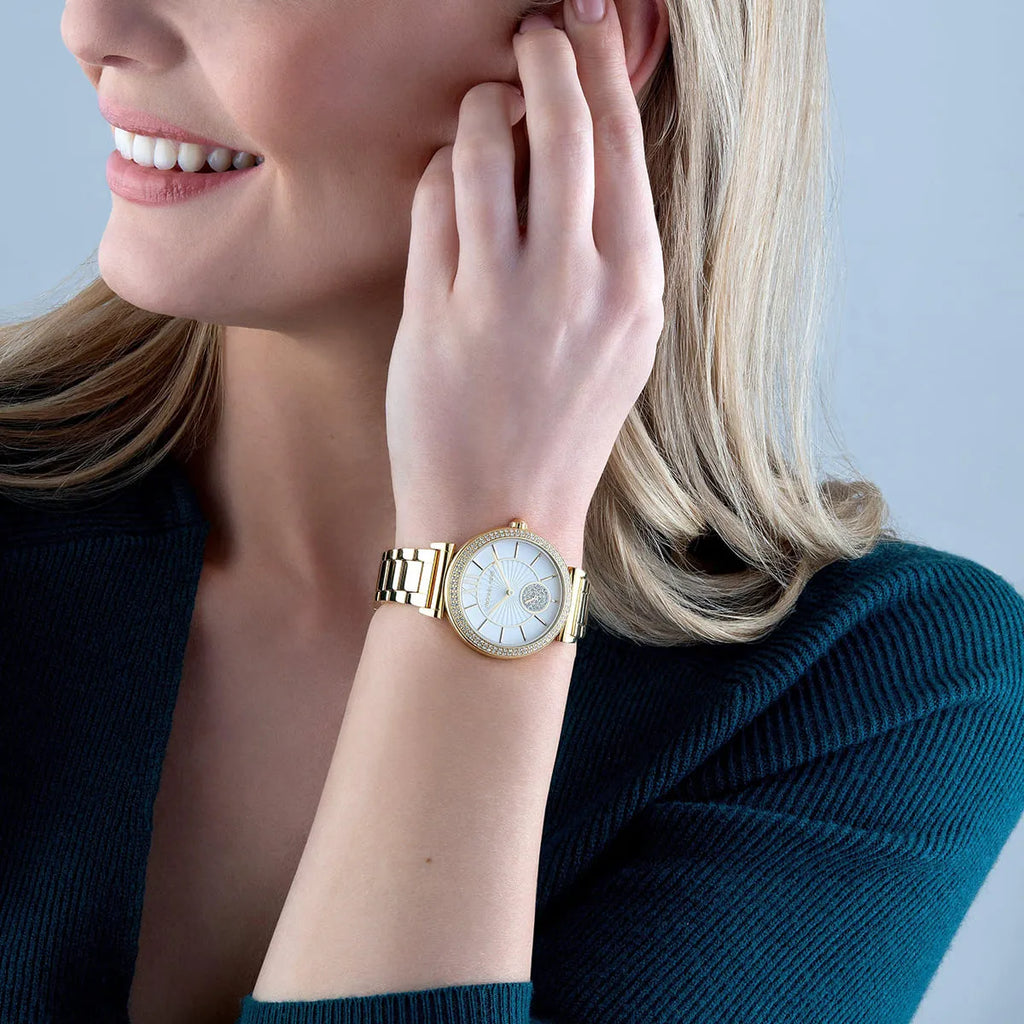 Michael Kors Abbey Three-Hand Analog White Dial Gold Steel Strap Watch for Women - MK4615 Buy Now By Michael Kors