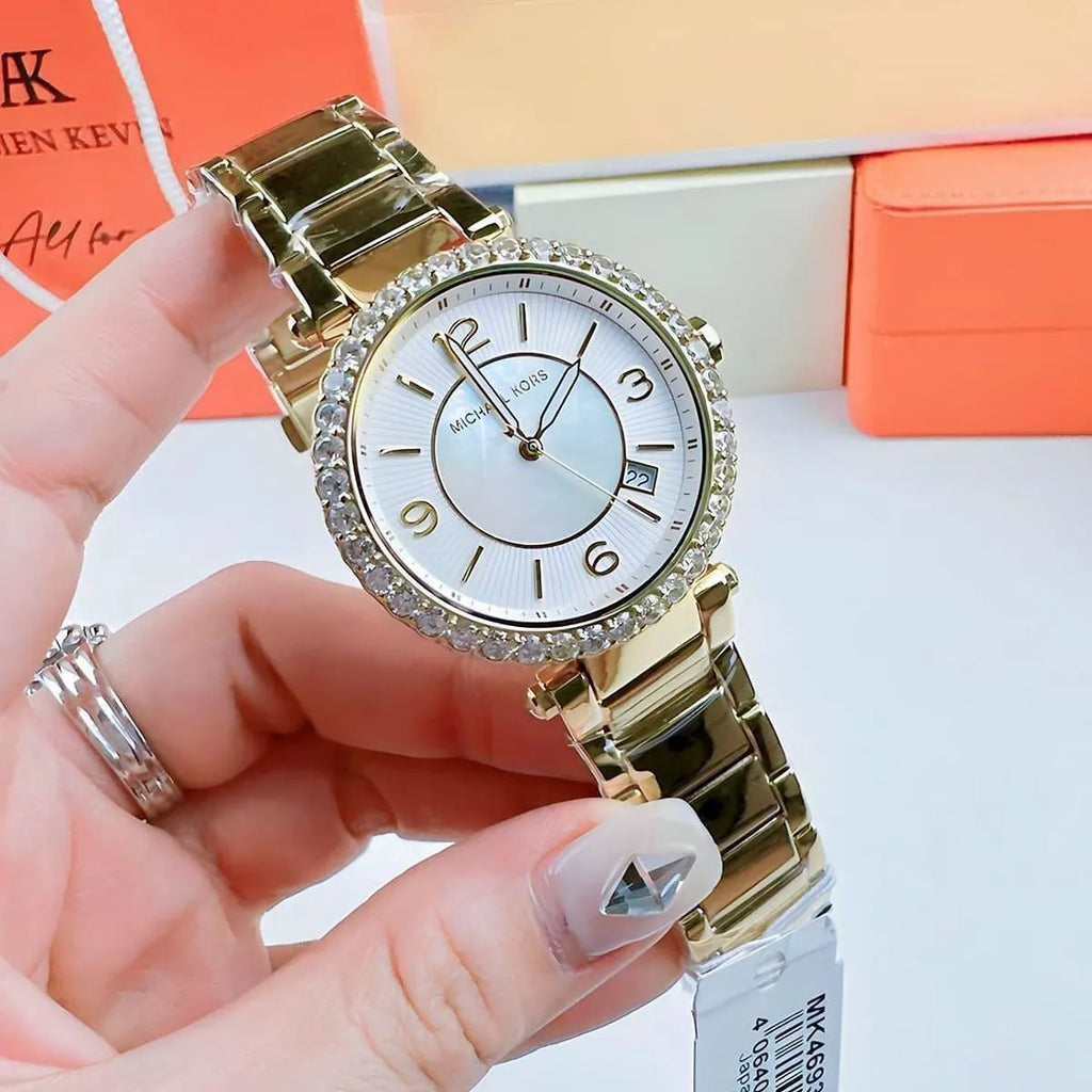 Michael Kors Parker Mother of Pearl White Dial Gold Steel Strap Watch For Women - MK4693 Buy Now By Michael Kors