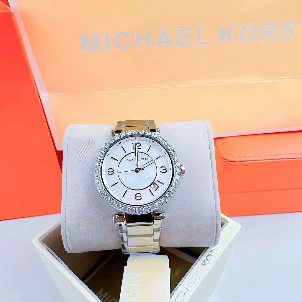 Michael Kors Parker Three Hand Mother of Pearl White Dial Silver Steel Strap Watch For Women - MK4694 Buy Now By Michael Kors