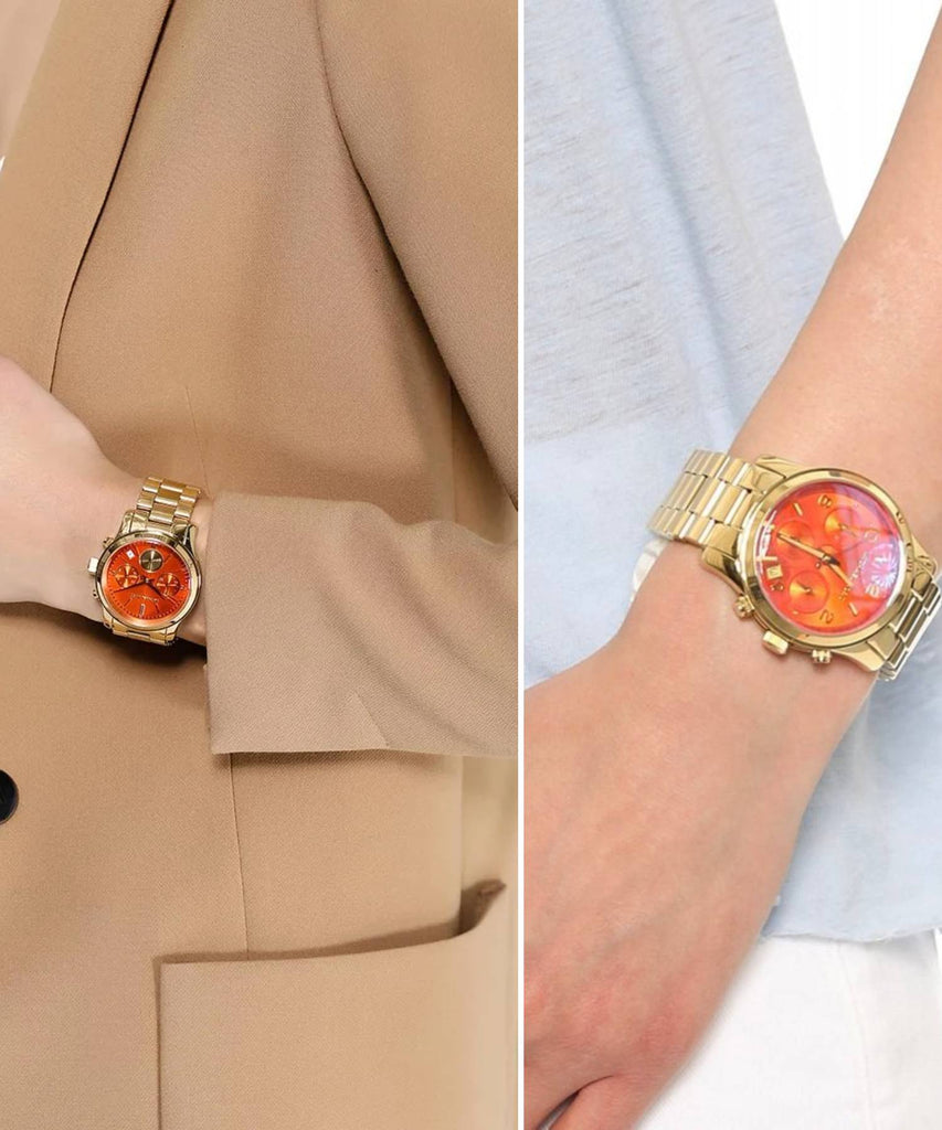 Michael Kors Runway Chronograph Orange Dial Gold Steep Strap Watch For Women - MK6162 Buy Now By Michael Kors