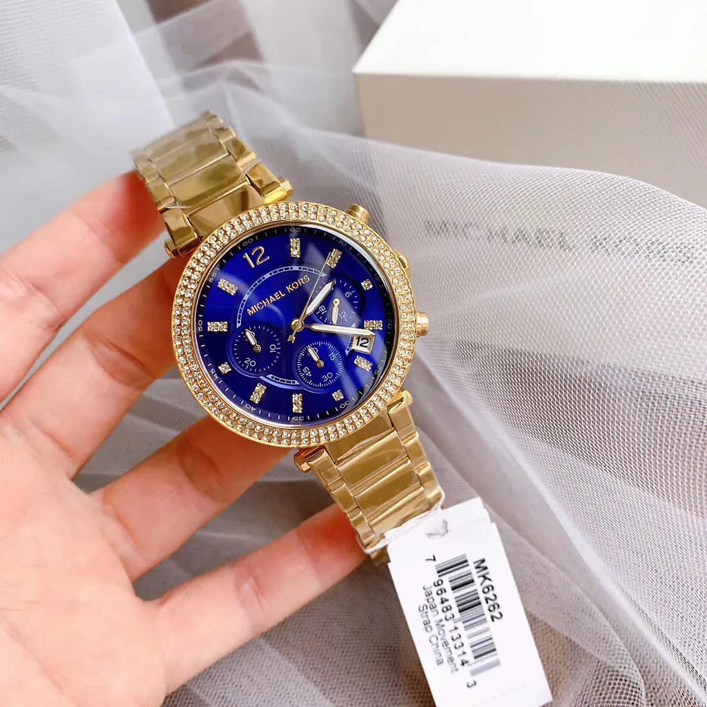 Michael Kors Parker Chronograph Blue Dial Gold Steel Strap Watch For Women - MK6262 Buy Now By Michael Kors