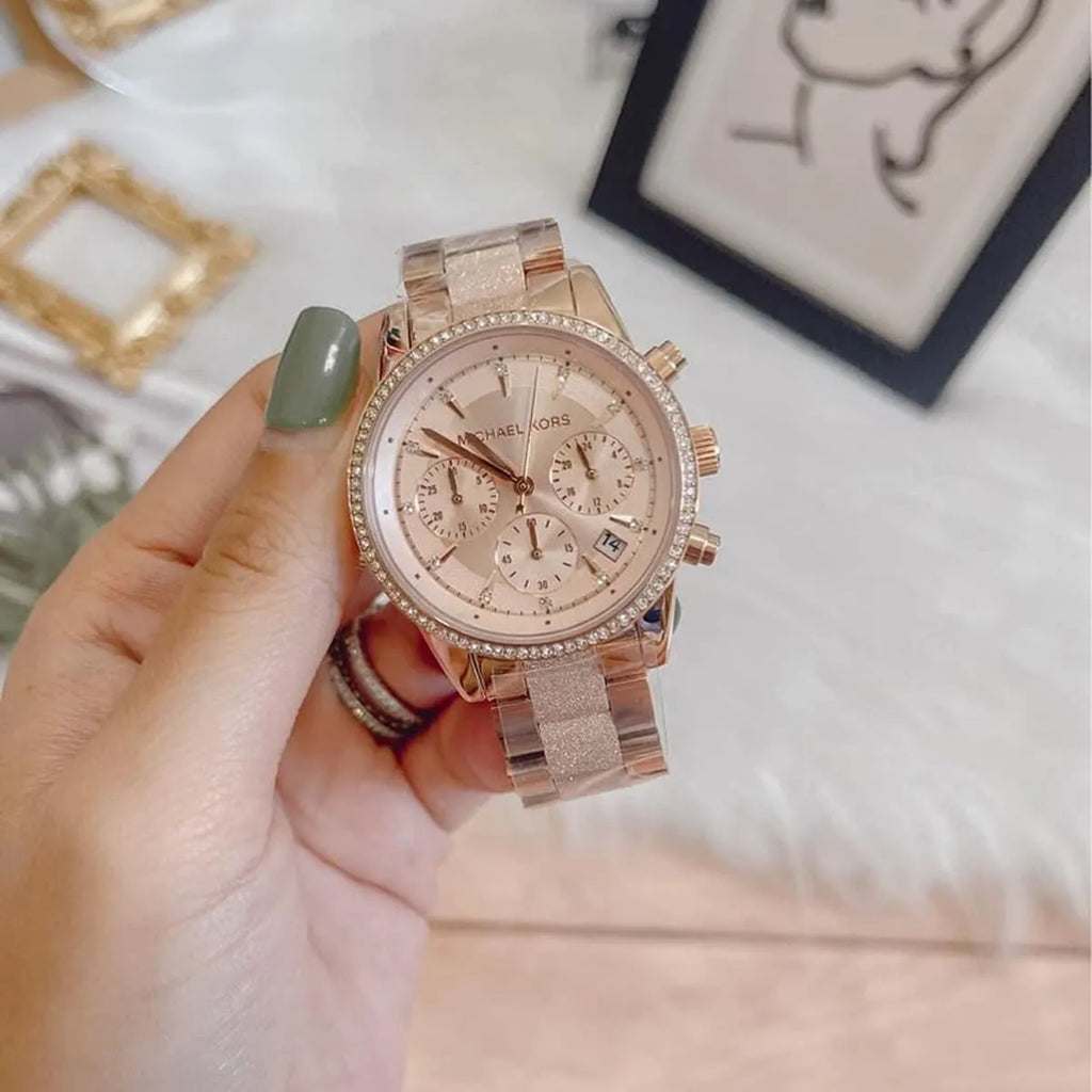 Michael Kors Ritz Chronograph Rose Gold Dial Rose Gold Steel Strap Watch For Women - MK6598 Buy Now By Michael Kors