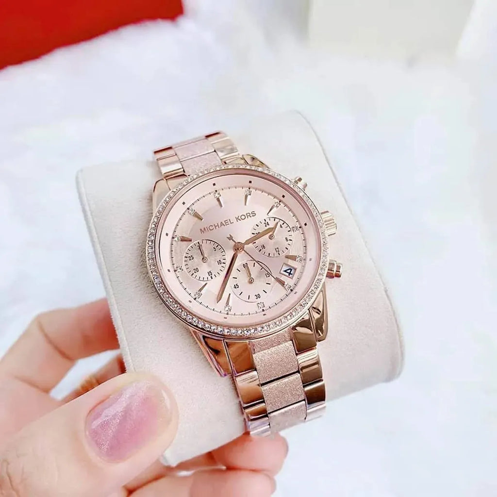 Michael Kors Ritz Chronograph Rose Gold Dial Rose Gold Steel Strap Watch For Women - MK6598 Buy Now By Michael Kors
