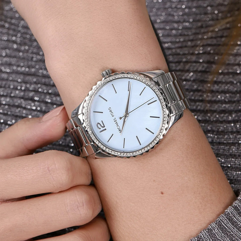 Michael Kors Layton Chronograph Mother of Pearl Blue Dial Silver Steel Strap Watch For Women - MK6847 Buy Now By Michael Kors