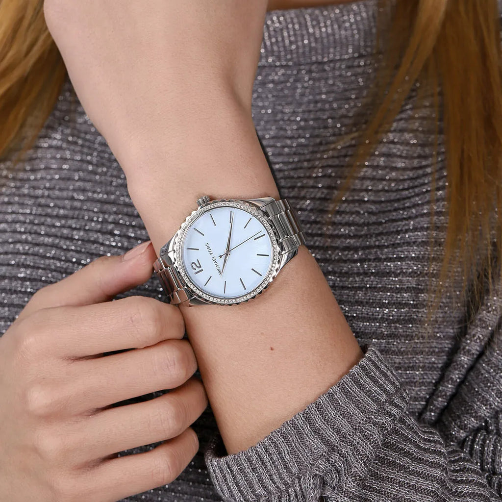 Michael Kors Layton Chronograph Mother of Pearl Blue Dial Silver Steel Strap Watch For Women - MK6847 Buy Now By Michael Kors