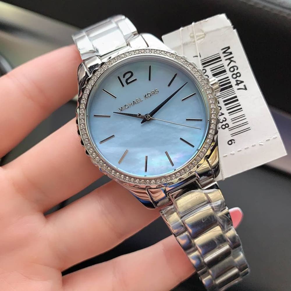 Michael Kors Layton Chronograph Mother of Pearl Blue Dial Silver Steel Strap Watch For Women - MK6847 Buy Now By Michael Kors