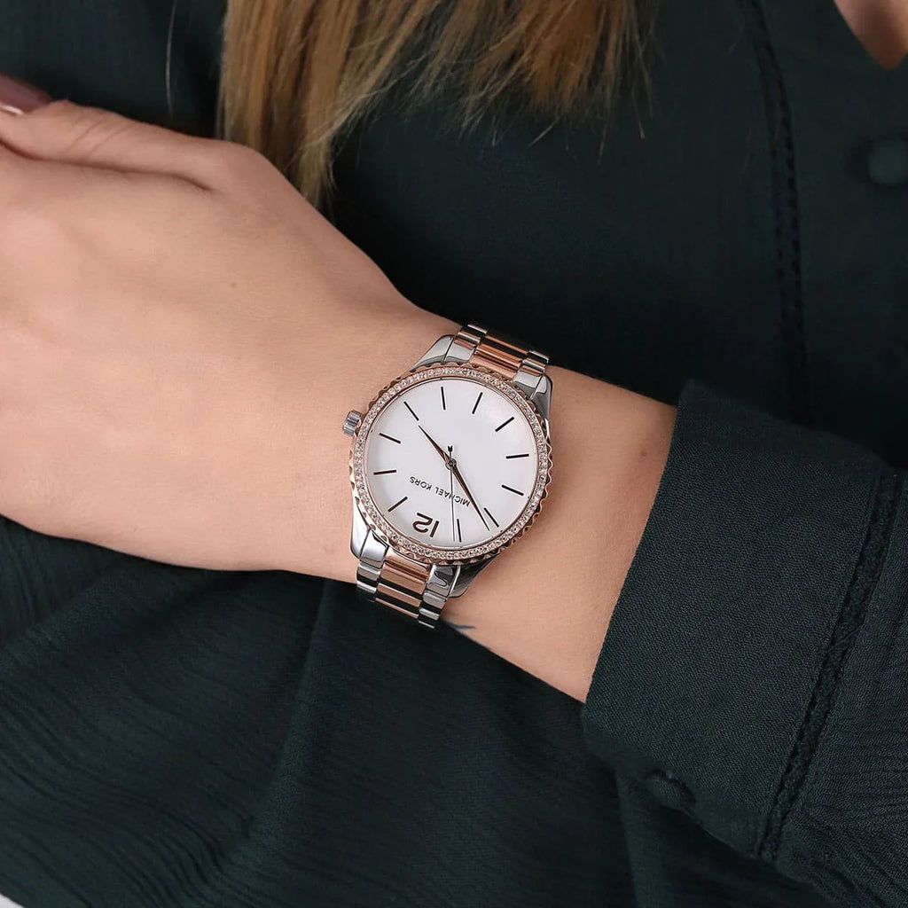 Michael Kors Layton Three Hand Mother of Pearl White Dial Two Tone Steel Strap Watch For Women - MK6849 Buy Now By Michael Kors