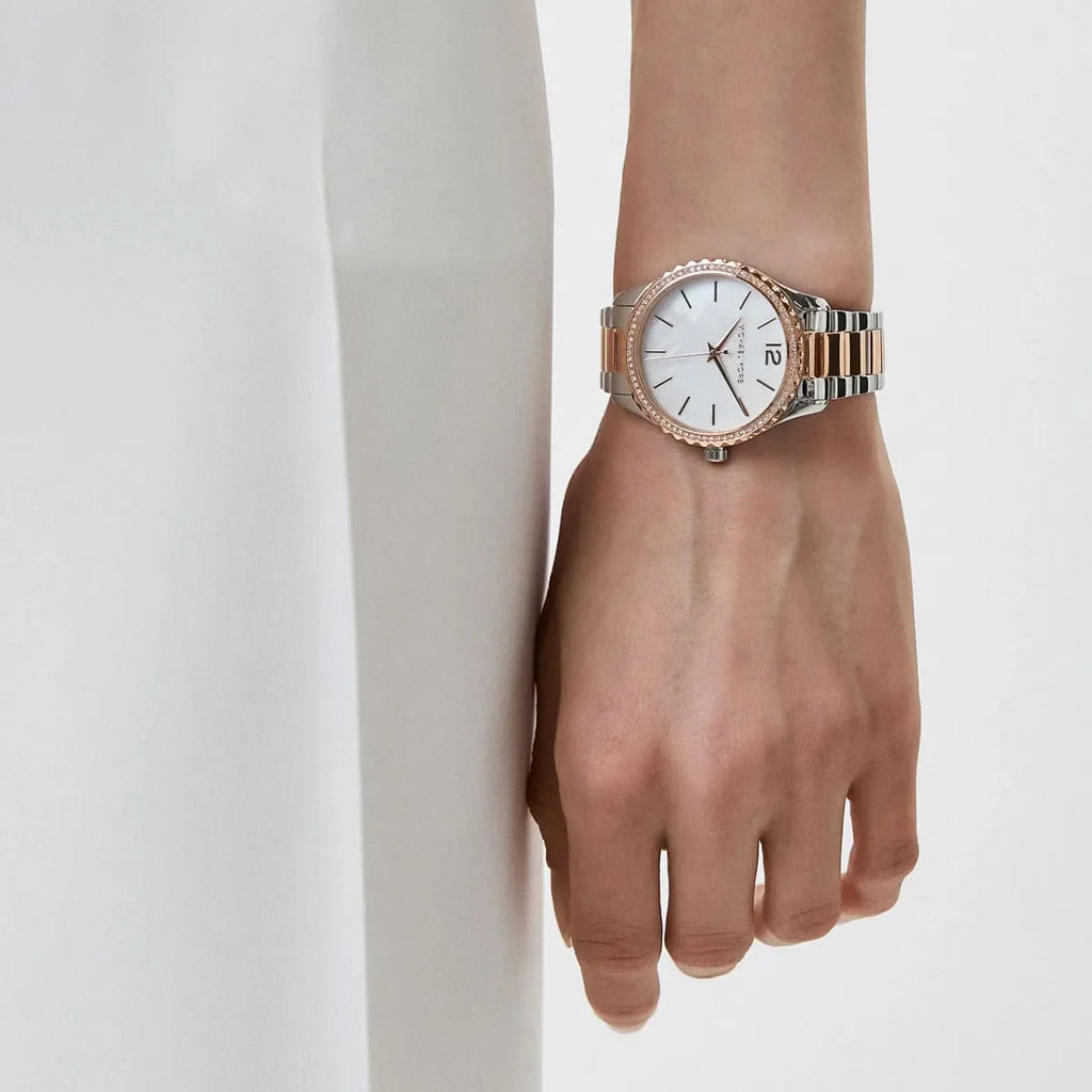 Michael Kors Layton Three Hand Mother of Pearl White Dial Two Tone Steel Strap Watch For Women - MK6849 Buy Now By Michael Kors
